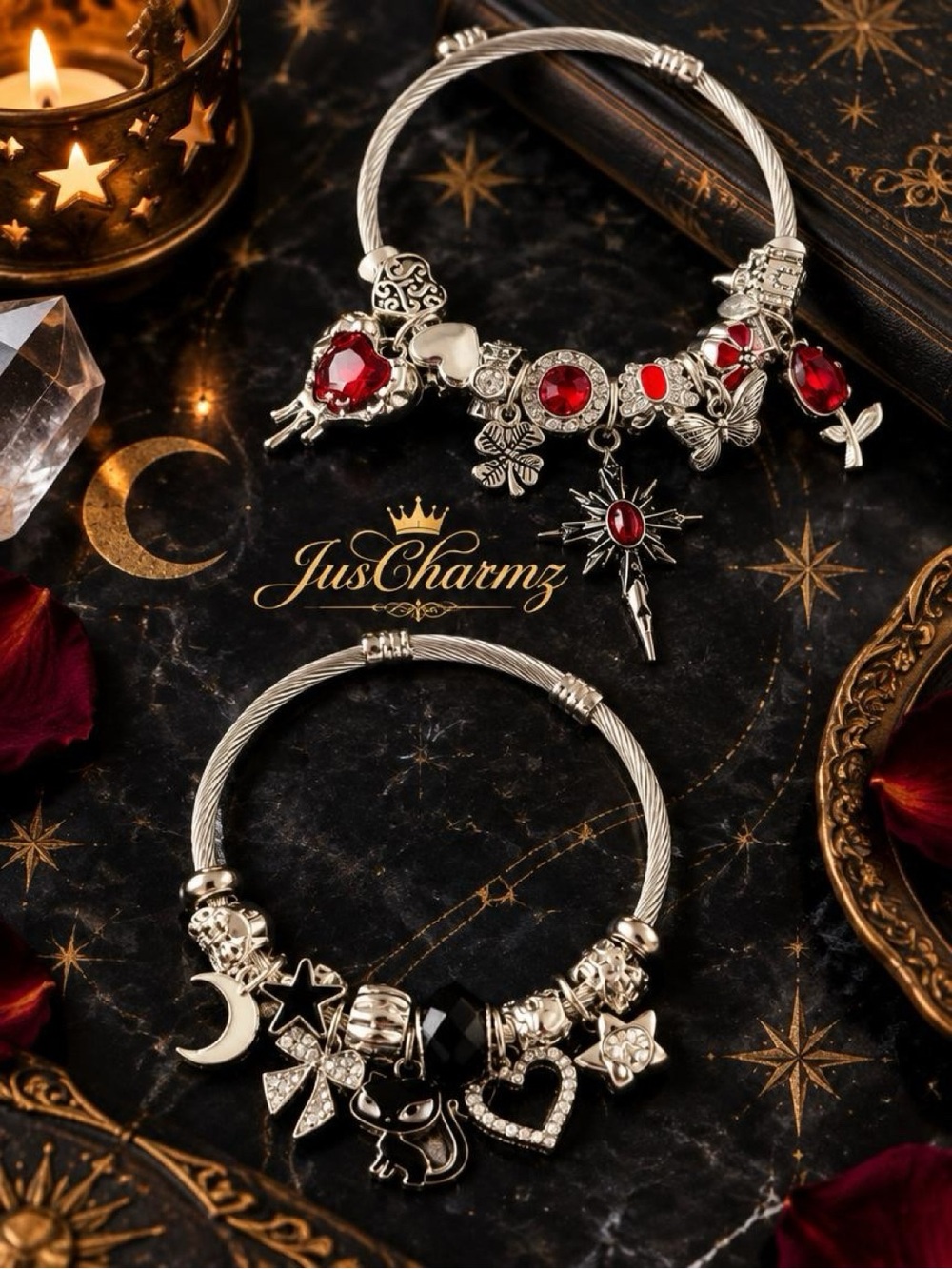 Crimson Red Gothic Whimsigoth Celestial Charm Bangle Set